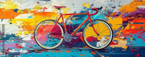 Vibrant and energetic pop art bicycle, bold design, colorful patterns, dynamic composition::1.1 handlebars, pedals, bicycle chain, cycling adventure, urban transportation