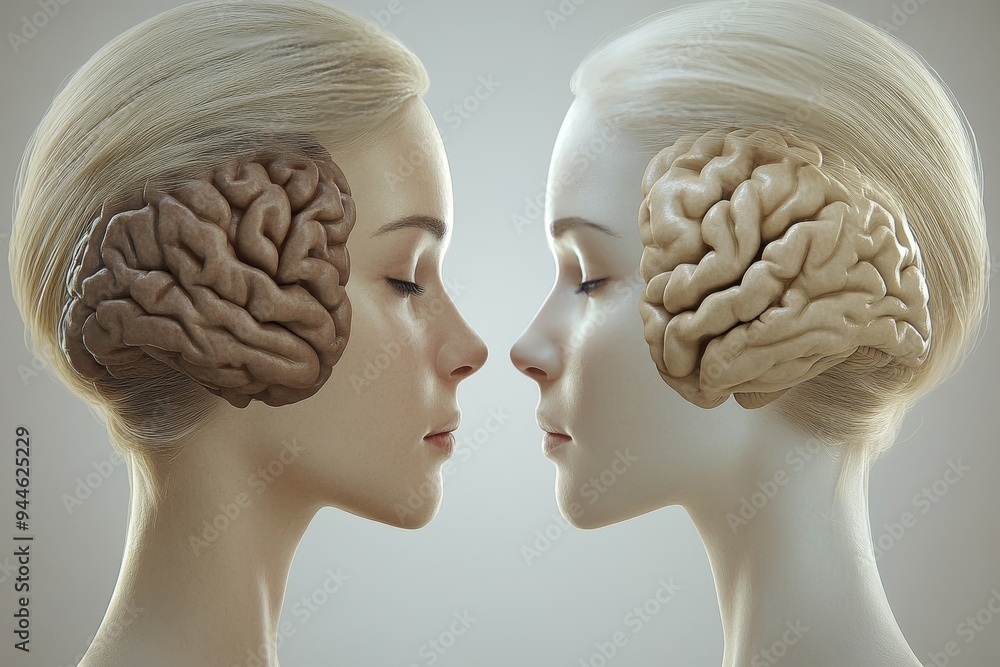 Minimalist 3D rendering of two human profiles with brains facing each other symbolizing the intellectual connection and mutual understanding in a balanced relationship Minimalist 3D rendering of two human profiles with brains facing each other symbolizing the intellectual connection and mutual understanding in a balanced relationship
