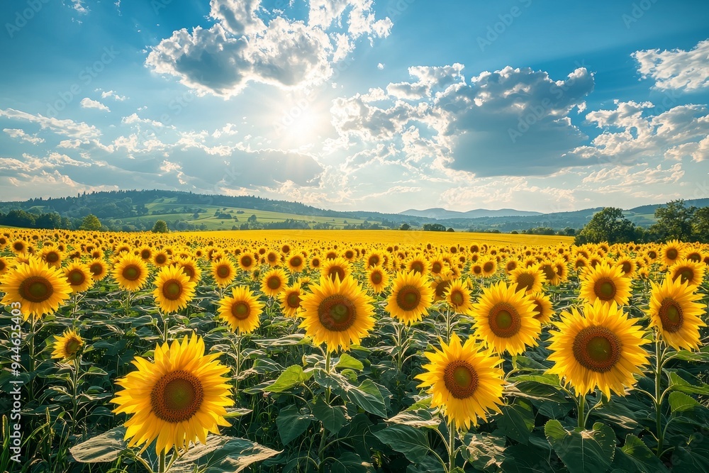Fototapeta premium Vibrant, sunflower fields, golden blooms, high quality, photorealistic, summer, cheerful, idyllic, rural, panoramic, breathtaking, countryside::1.5 bees, butterflies, rural farmhouses, blue
