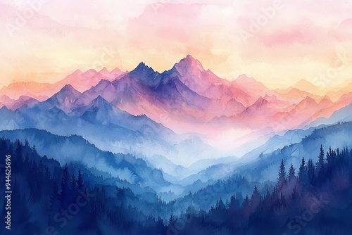 Watercolor mountains, landscape, scenic, artistic, pastel colors, dreamy,