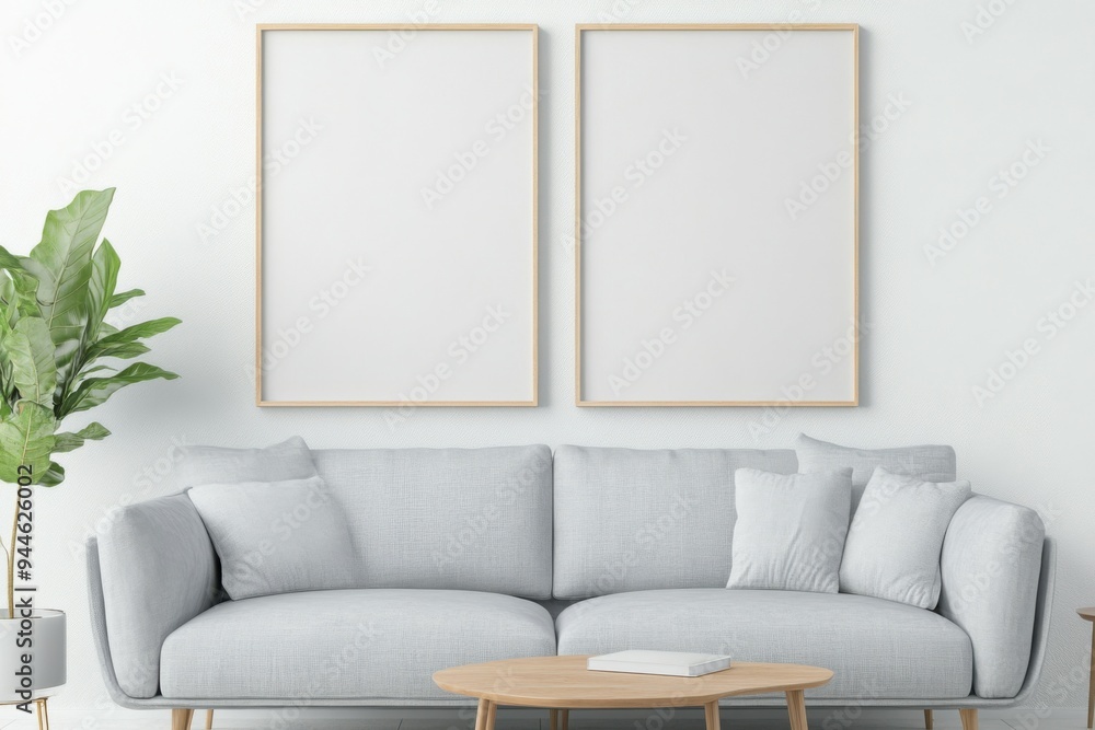 An empty frame mockup showcased in an elegant Nordic living room with soft cinematic lighting illuminating the minimalist design and cozy atmosphere.