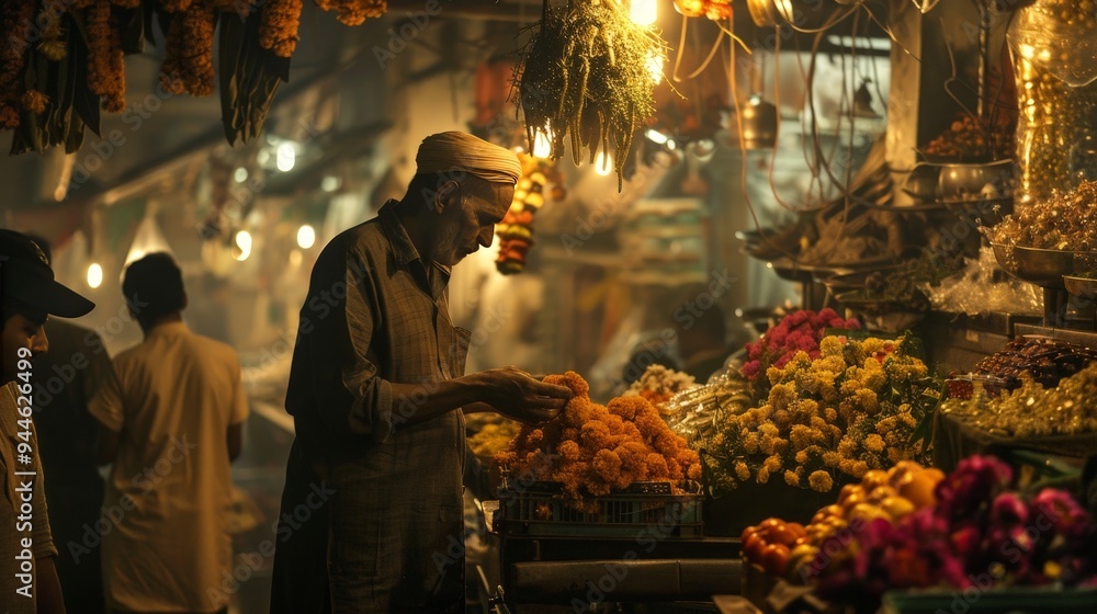 Man Selecting Flowers at a Market Stall. Man Selecting Flowers at a Market Stall.