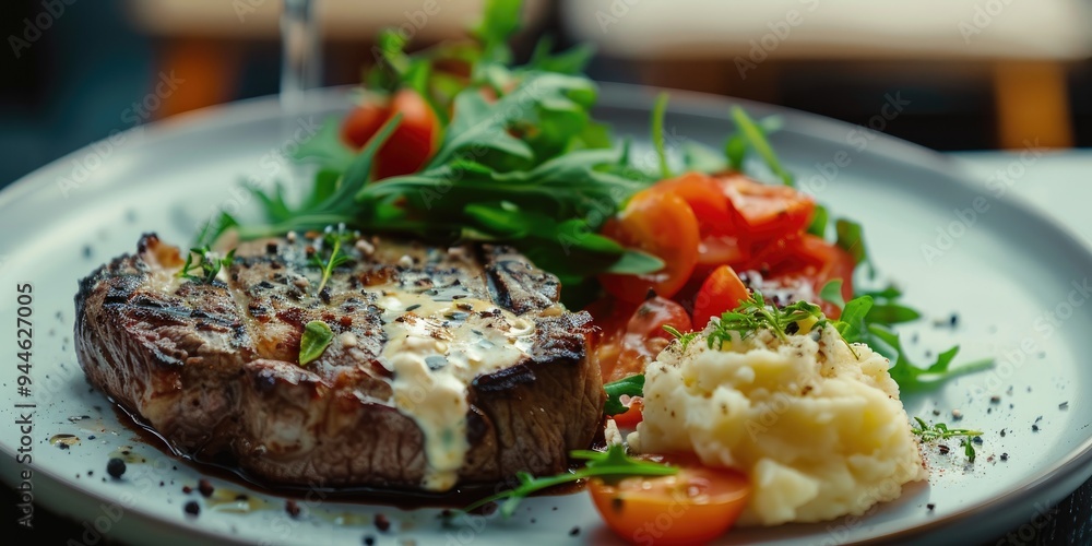 Grilled ribeye steak served with creamy celeriac mash accompanied by a tomato oak leaf lettuce and rocket salad, photographed with a tilt-shift lens for improved depth perception. Grilled ribeye steak served with creamy celeriac mash accompanied by a tomato oak leaf lettuce and rocket salad, photographed with a tilt-shift lens for improved depth perception.