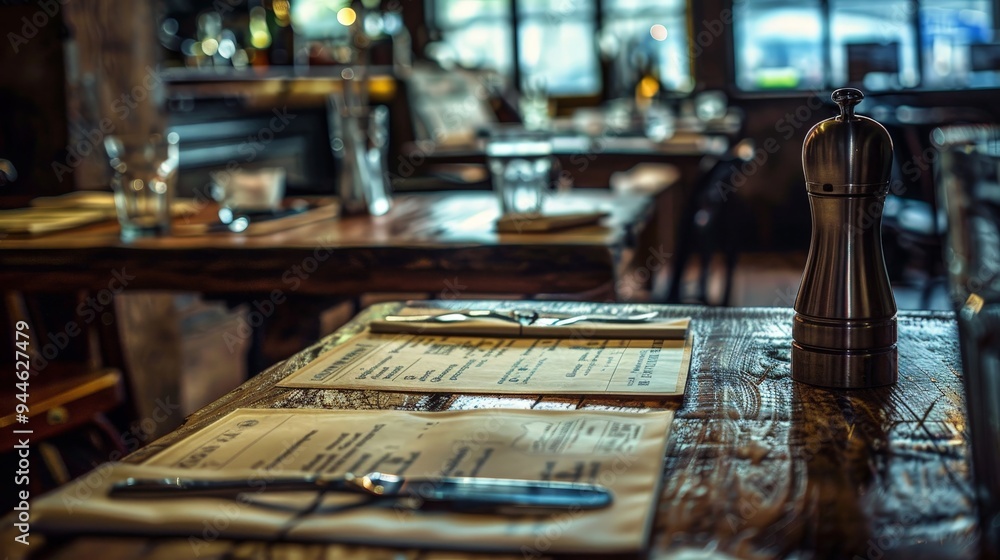 Close up of wooden table with pepper shaker, cutlery and menu.