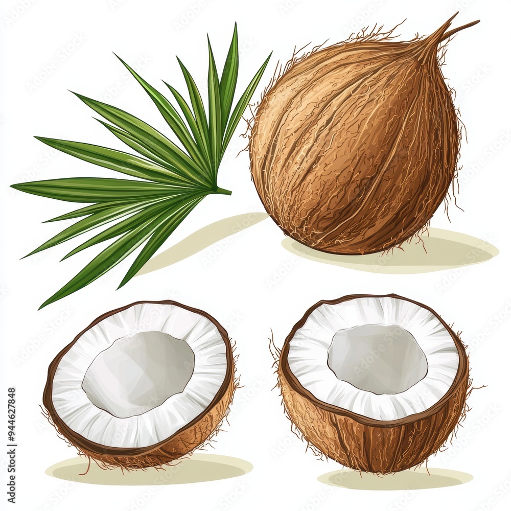 Coconut fruit with green leaf closeup view isolated over white background Coconut fruit with green leaf closeup view isolated over white background