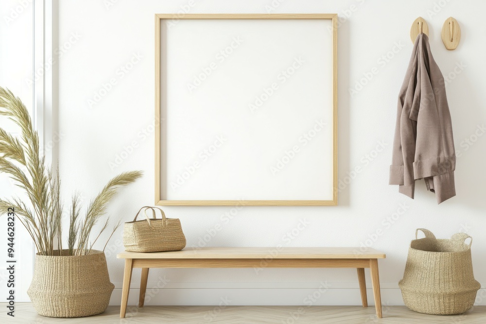 A mockup empty picture frame in a Scandinavian-style living room with minimalist furniture under soft morning light. A mockup empty picture frame in a Scandinavian-style living room with minimalist furniture under soft morning light.