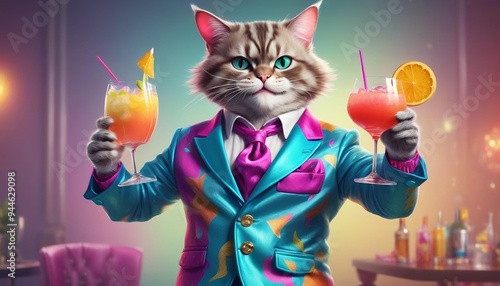 Fashionable male cat character cheers with refreshing cocktail dressed in a flamboyant colorful jacket. Fantasy creature concept created with generative ai	 photo