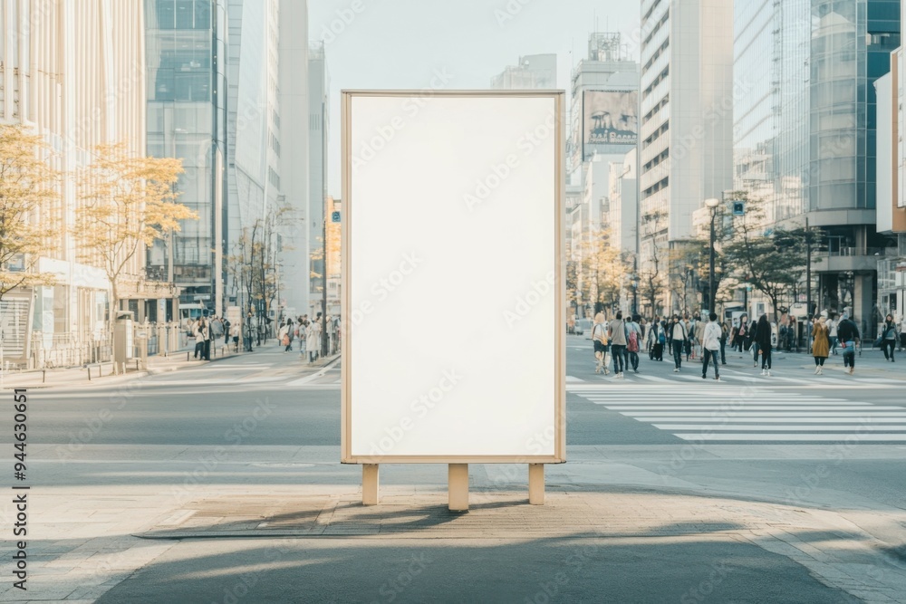 Mockup street billboard in front of modern glass building with natural reflections during soft morning light. Mockup street billboard in front of modern glass building with natural reflections during soft morning light.