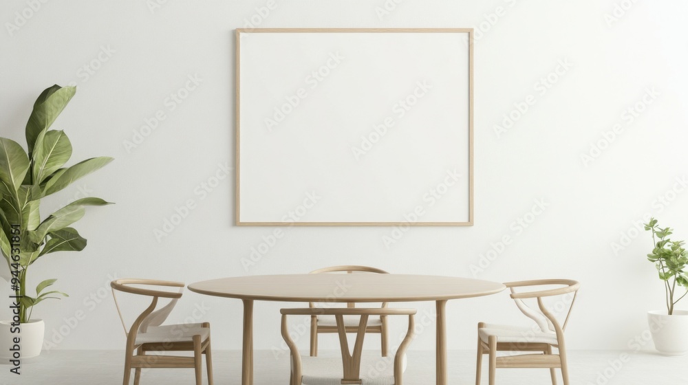 Blank landscape frame mockup centered in a modern dining room, surrounded by greenery and a simple table setting, ideal for interior design presentations. Blank landscape frame mockup centered in a modern dining room, surrounded by greenery and a simple table setting, ideal for interior design presentations.