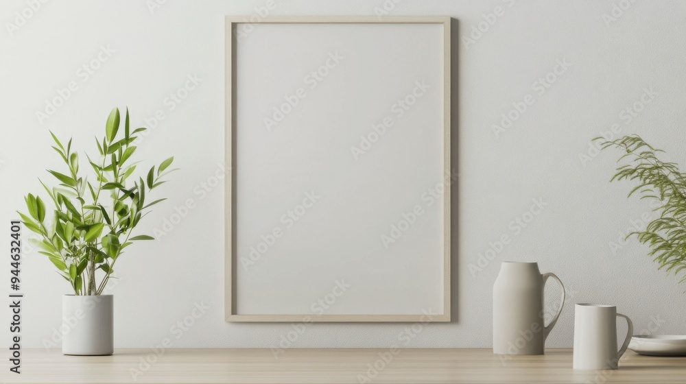 Blank landscape frame mockup centered in a modern dining room, surrounded by greenery and a simple table setting, ideal for interior design presentations. Blank landscape frame mockup centered in a modern dining room, surrounded by greenery and a simple table setting, ideal for interior design presentations.