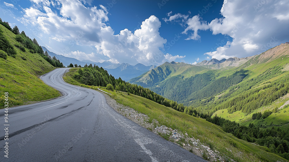 Winding mountain road leading through green valley in the alps Winding mountain road leading through green valley in the alps