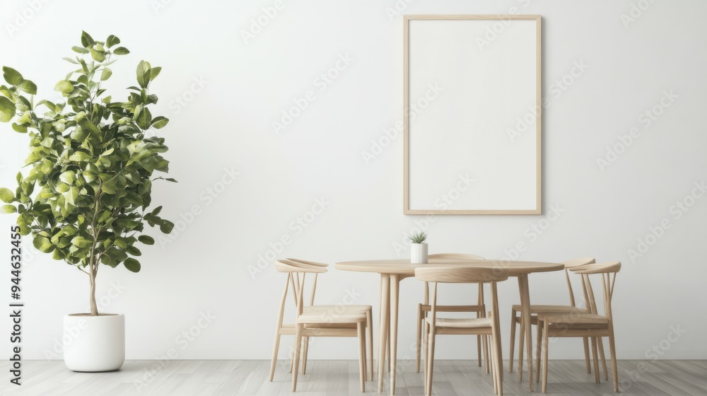 Blank landscape frame mockup centered in a modern dining room, surrounded by greenery and a simple table setting, ideal for interior design presentations. Blank landscape frame mockup centered in a modern dining room, surrounded by greenery and a simple table setting, ideal for interior design presentations.