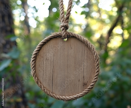 A round wooden sign with a blank center for a custom message. Jingle, tropical, rope. photo