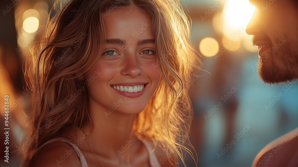 Obraz premium Beautiful young woman smiling outdoors during golden hour sunset