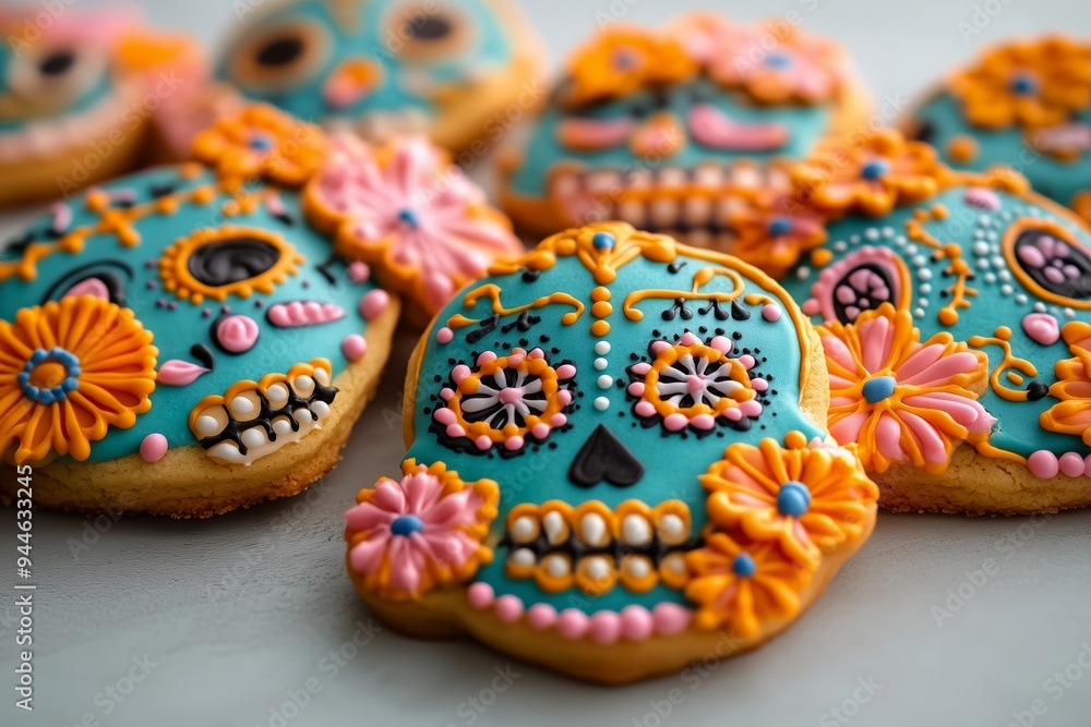 flat lay photography A bunch of sugar skull shaped cookies decorated with flowers, sugar skulls decorated for the Day of the Dead, sugar cookie dia de los muertos theme backdrop flat lay photography A bunch of sugar skull shaped cookies decorated with flowers, sugar skulls decorated for the Day of the Dead, sugar cookie dia de los muertos theme backdrop