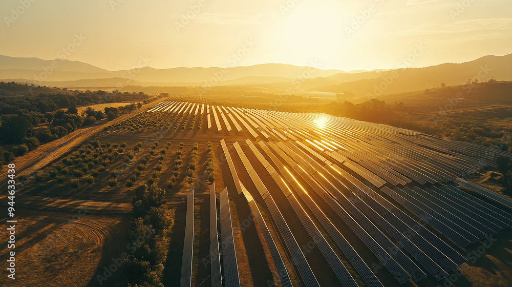 Aerial view of solar panels catching the setting sun in a rural landscape Aerial view of solar panels catching the setting sun in a rural landscape