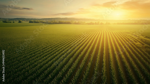 Sunset illuminating rows of crops in fertile farmland
