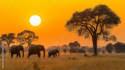 Fotografie African elephants walking through savanna at sunset