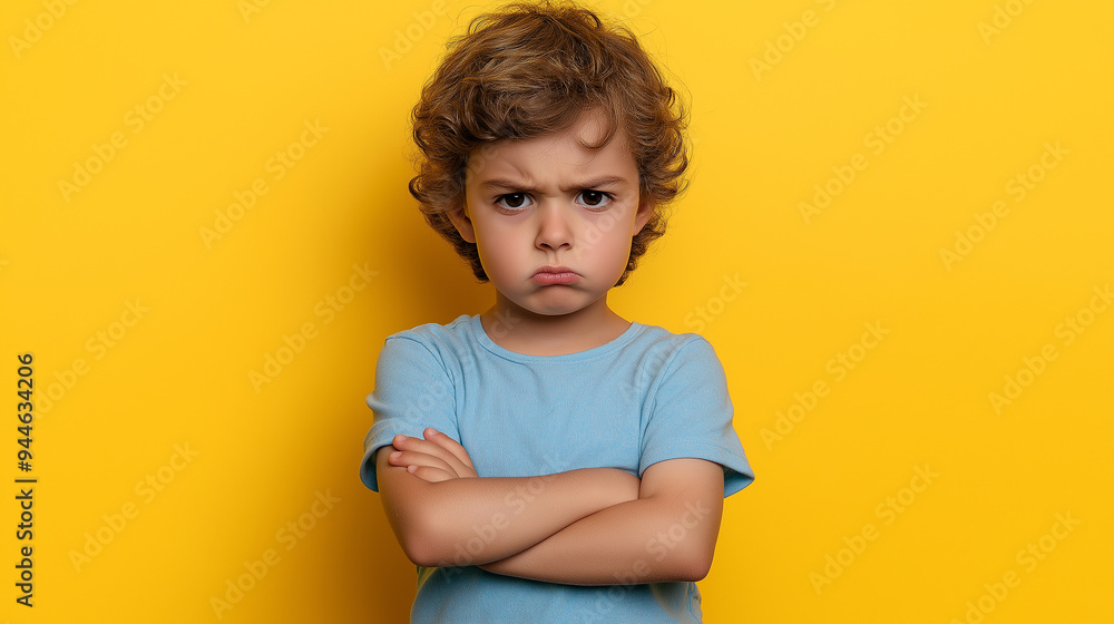 Upset little boy crossing his arms over yellow background Upset little boy crossing his arms over yellow background