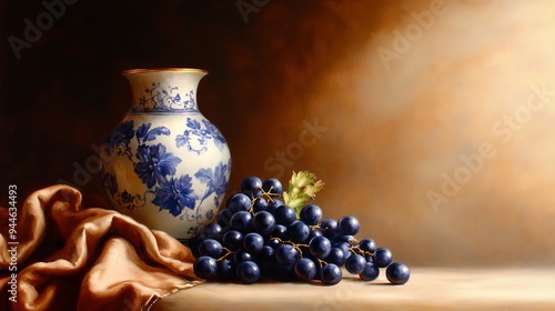 Classic still life featuring a porcelain vase, lush fruit, and opulent drapery, captured in the meticulous style of a Dutch master painting, realistic finish