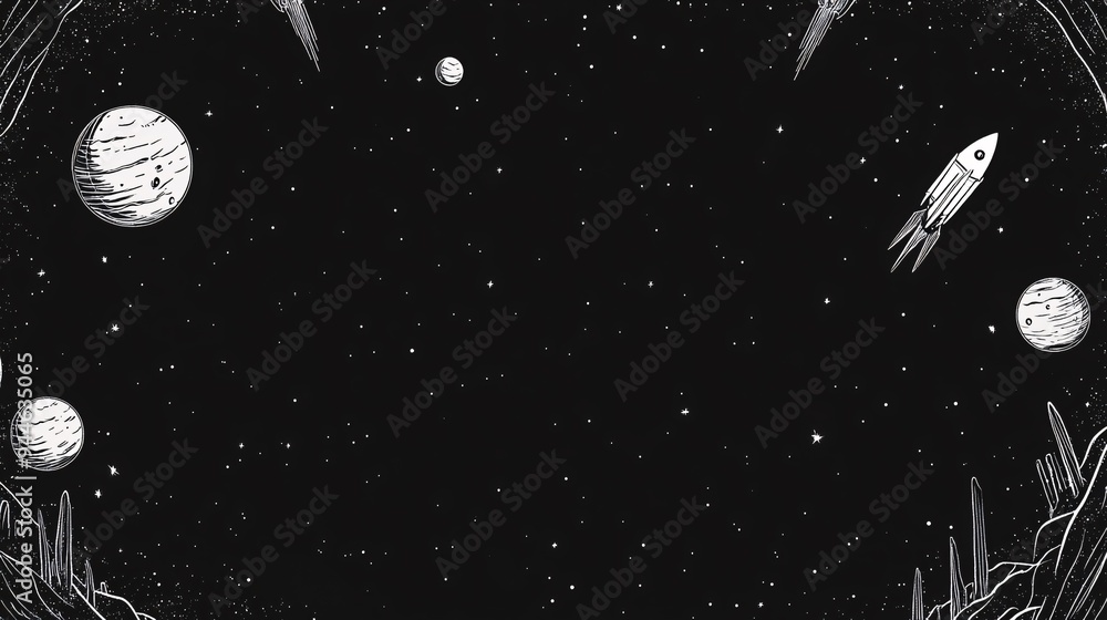 Naklejka premium A whimsical black and white space scene with planets and a rocket ship.
