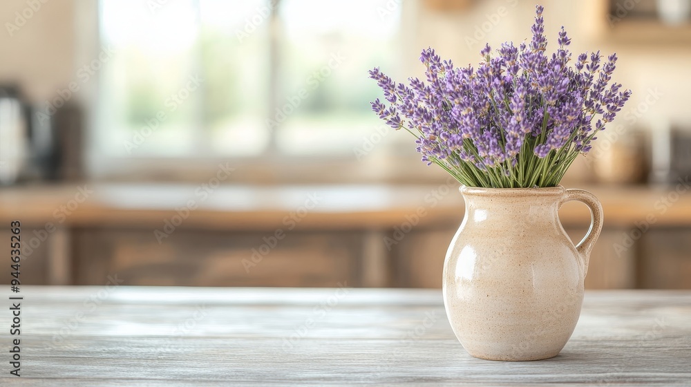 Earth-toned ceramic vase overflowing with vibrant lavender, placed on a weathered farmhouse counter, with vintage kitchen decor in the background Earth-toned ceramic vase overflowing with vibrant lavender, placed on a weathered farmhouse counter, with vintage kitchen decor in the background