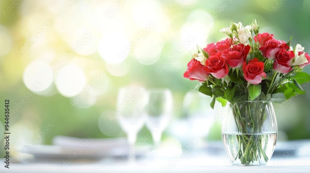 Fototapeta premium Elegant dining setup with a vase of vibrant red roses, table set for an intimate dinner for two, fine china and silverware, soft focus background
