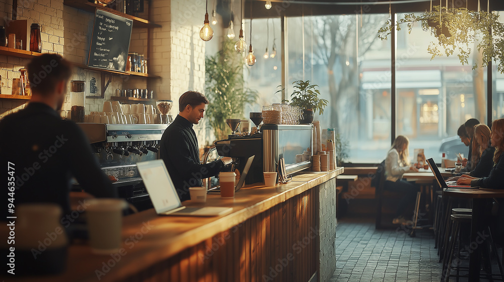 Barista preparing a drink at trendy coffee shop counter with customers working Barista preparing a drink at trendy coffee shop counter with customers working