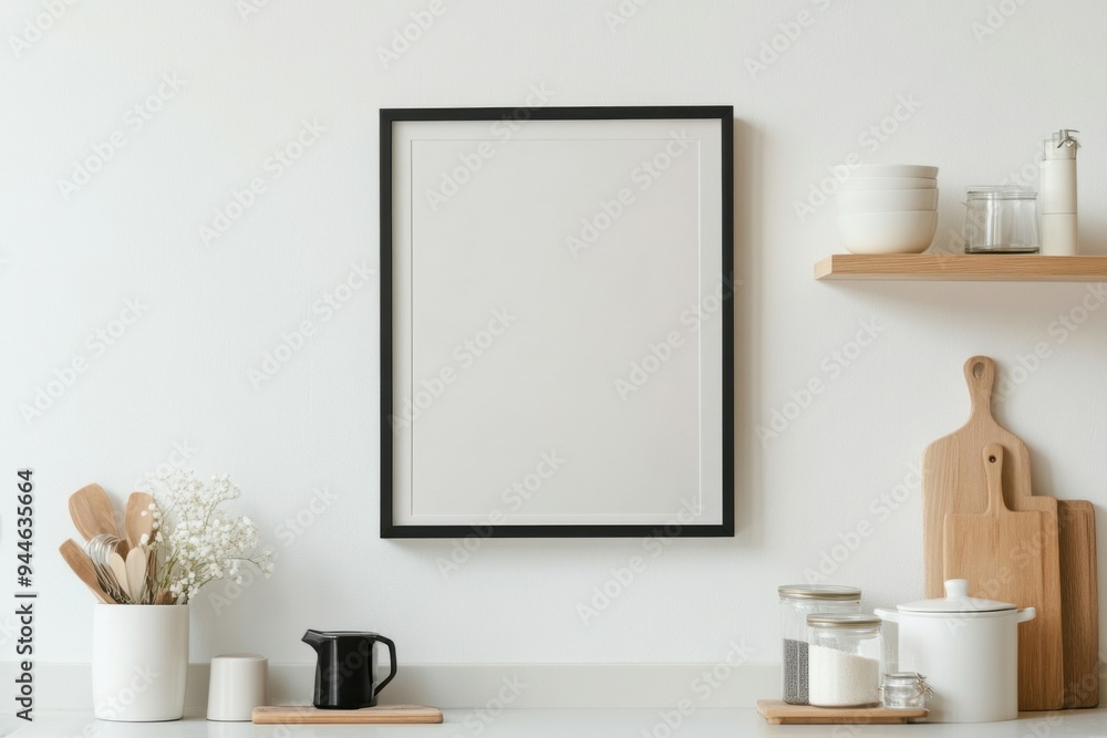 A simple vertical frame sits on a kitchen wall in a Paris apartment, featuring a blank white poster. The kitchen is styled with natural elements and minimal decor A simple vertical frame sits on a kitchen wall in a Paris apartment, featuring a blank white poster. The kitchen is styled with natural elements and minimal decor