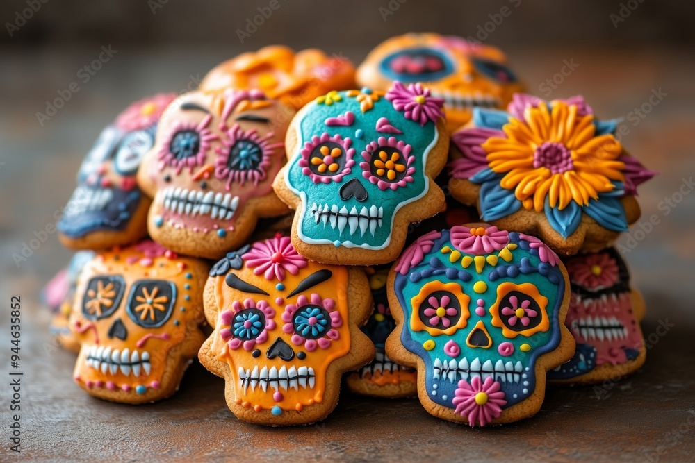 flat lay photography A bunch of sugar skull shaped cookies decorated with flowers, sugar skulls decorated for the Day of the Dead, sugar cookie dia de los muertos theme backdrop flat lay photography A bunch of sugar skull shaped cookies decorated with flowers, sugar skulls decorated for the Day of the Dead, sugar cookie dia de los muertos theme backdrop