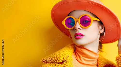 Wallpaper Mural Young Woman Wearing Yellow Sunglasses and a Hat. Torontodigital.ca