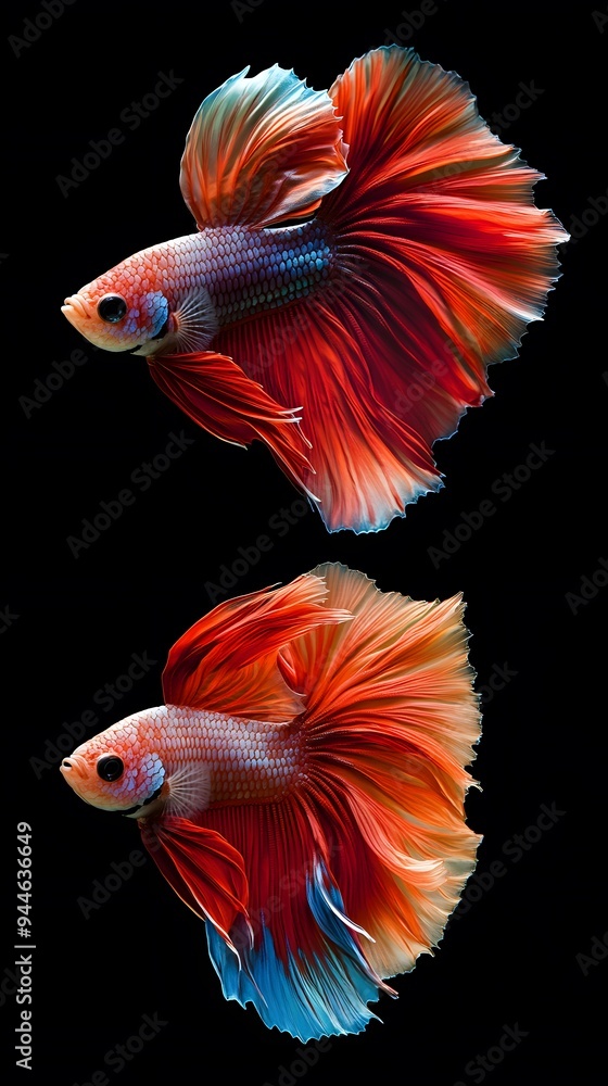 Two Siamese Fighting Fish with Red, Orange, and Blue Fins Two Siamese Fighting Fish with Red, Orange, and Blue Fins