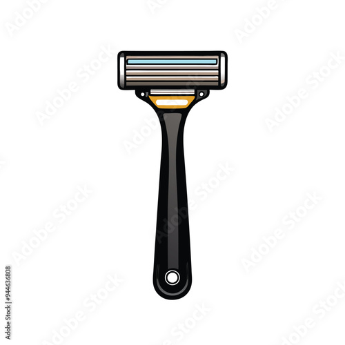 A close-up vector illustration of a razor with a black handle and a silver head.