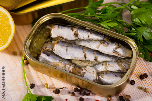 Konstfotografi Tin can with smoked sprats, sardines, closeup. High quality photo