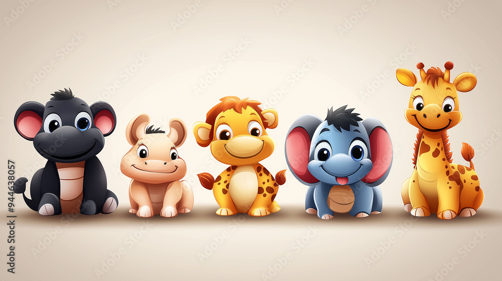 Naklejka premium Five adorable baby animals posing on a light brown background