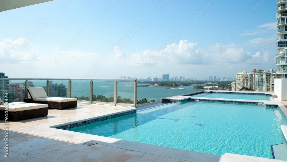 Impressive penthouse terrace with a swimming pool overlooking the sea Impressive penthouse terrace with a swimming pool overlooking the sea