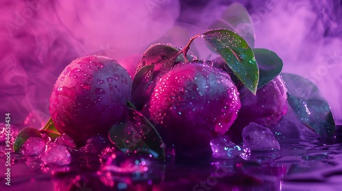 Fresh Mangosteen on a dark smoky neon lights background. photo