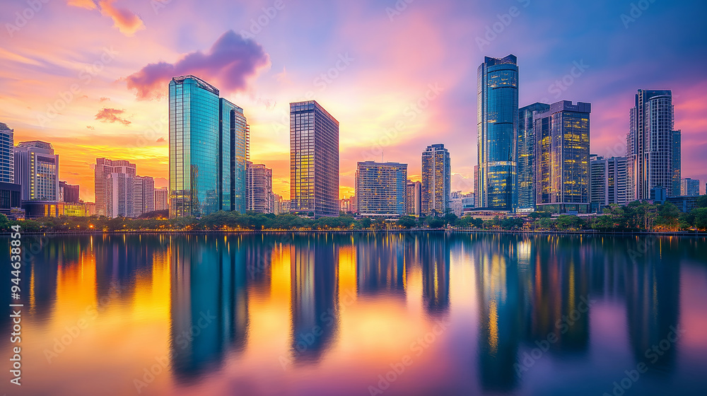 Obraz premium Modern city skyline reflecting on water at sunset