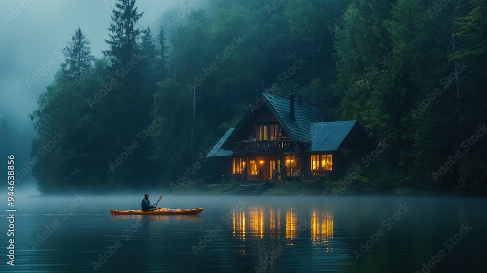 A person kayaking in lake water in winter with snow with house A person kayaking in lake water in winter with snow with house