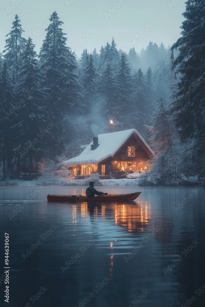 Fototapeta premium A person kayaking in lake water in winter with snow with house