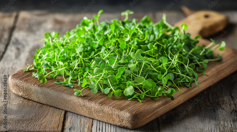 Fresh green microgreens lying on rustic wooden cutting board Fresh green microgreens lying on rustic wooden cutting board