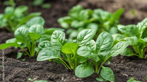 Young spinach plants growing in fertile soil