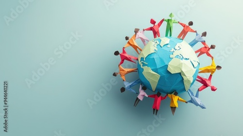 Paper people in different outfits hold hands around a globe on a blue surface, symbolizing global unity and diversity. The concept of the day 