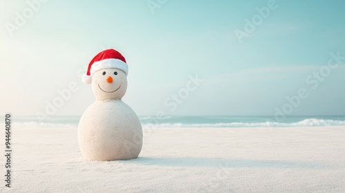 A festive snowman wearing a Santa hat stands on a serene beach with tranquil waters and pastel skies during wintertime