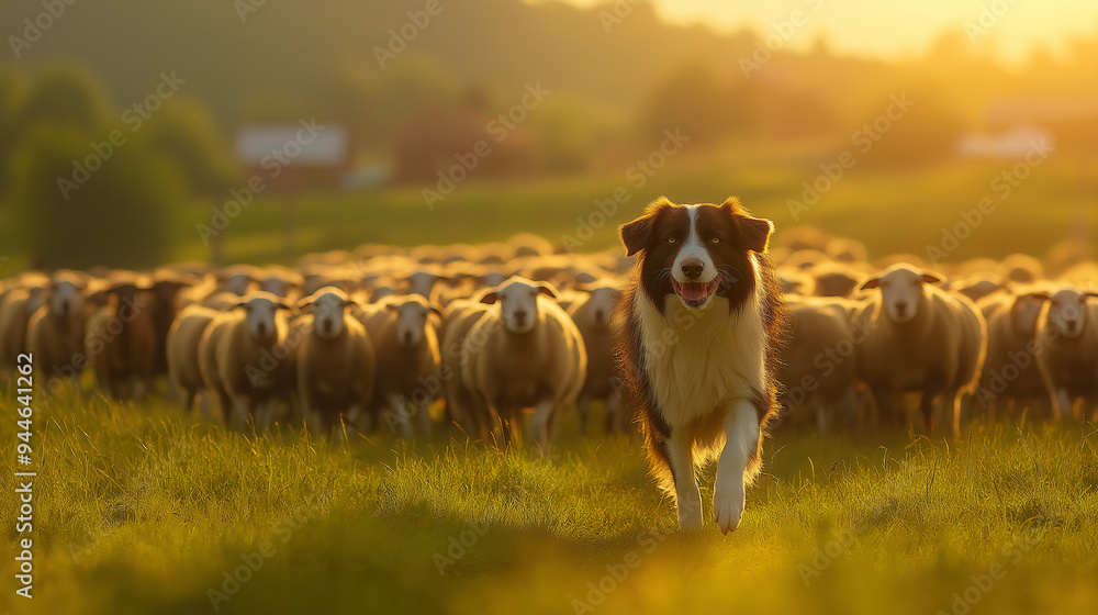 Obraz premium Border collie dog herding flock of sheep running on meadow at sunset