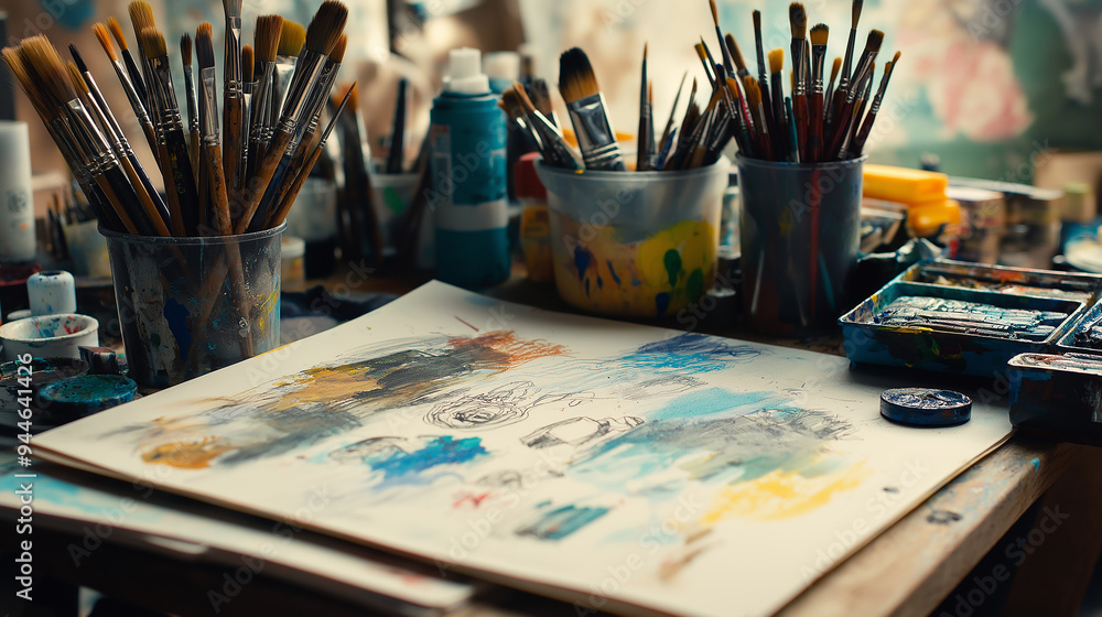 Art supplies laying on table in artists workspace Art supplies laying on table in artists workspace
