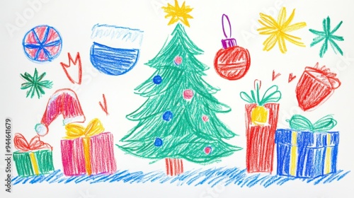 A colorful holiday drawing featuring a cheerful Santa Claus, a decorated Christmas tree, and festive gifts during winter celebrations