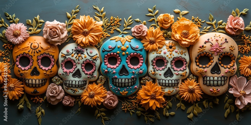 flat lay photography A bunch of sugar skull shaped cookies decorated with flowers, sugar skulls decorated for the Day of the Dead, sugar cookie dia de los muertos theme backdrop flat lay photography A bunch of sugar skull shaped cookies decorated with flowers, sugar skulls decorated for the Day of the Dead, sugar cookie dia de los muertos theme backdrop