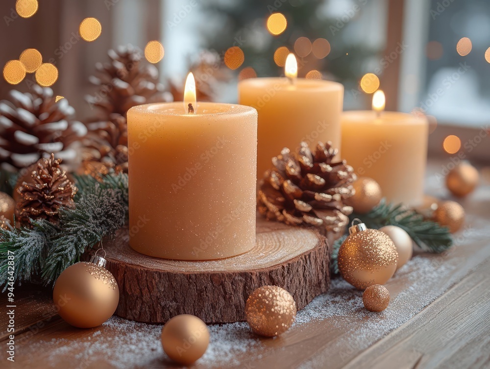 rustic wooden table with christmas decorations festive arrangement of baubles candles and twinkling lights cozy holiday atmosphere with warm glow and natural textures rustic wooden table with christmas decorations festive arrangement of baubles candles and twinkling lights cozy holiday atmosphere with warm glow and natural textures