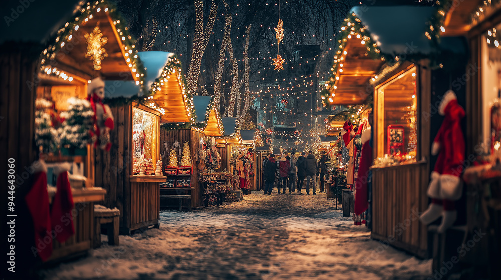 Obraz premium Traditional european christmas market at night with people walking and shopping
